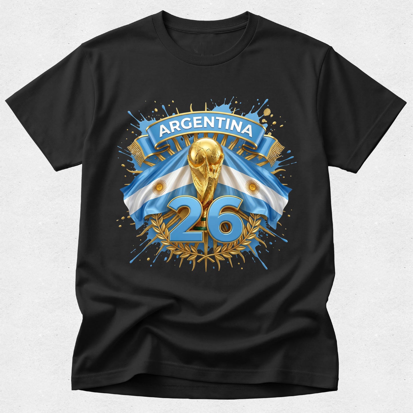 Black t-shirt with Argentina-themed design featuring a trophy and flag on a white background