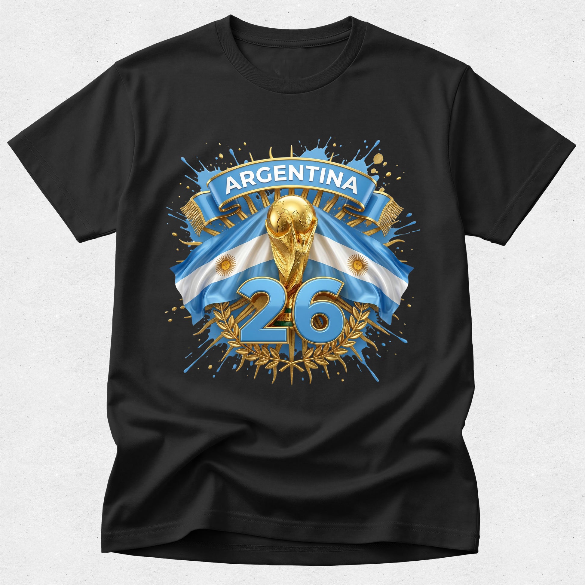 Black t-shirt with Argentina-themed design featuring a trophy and flag on a white background