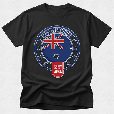 Black t-shirt with a 'Lest We Forget' design featuring the Australian flag on a white background