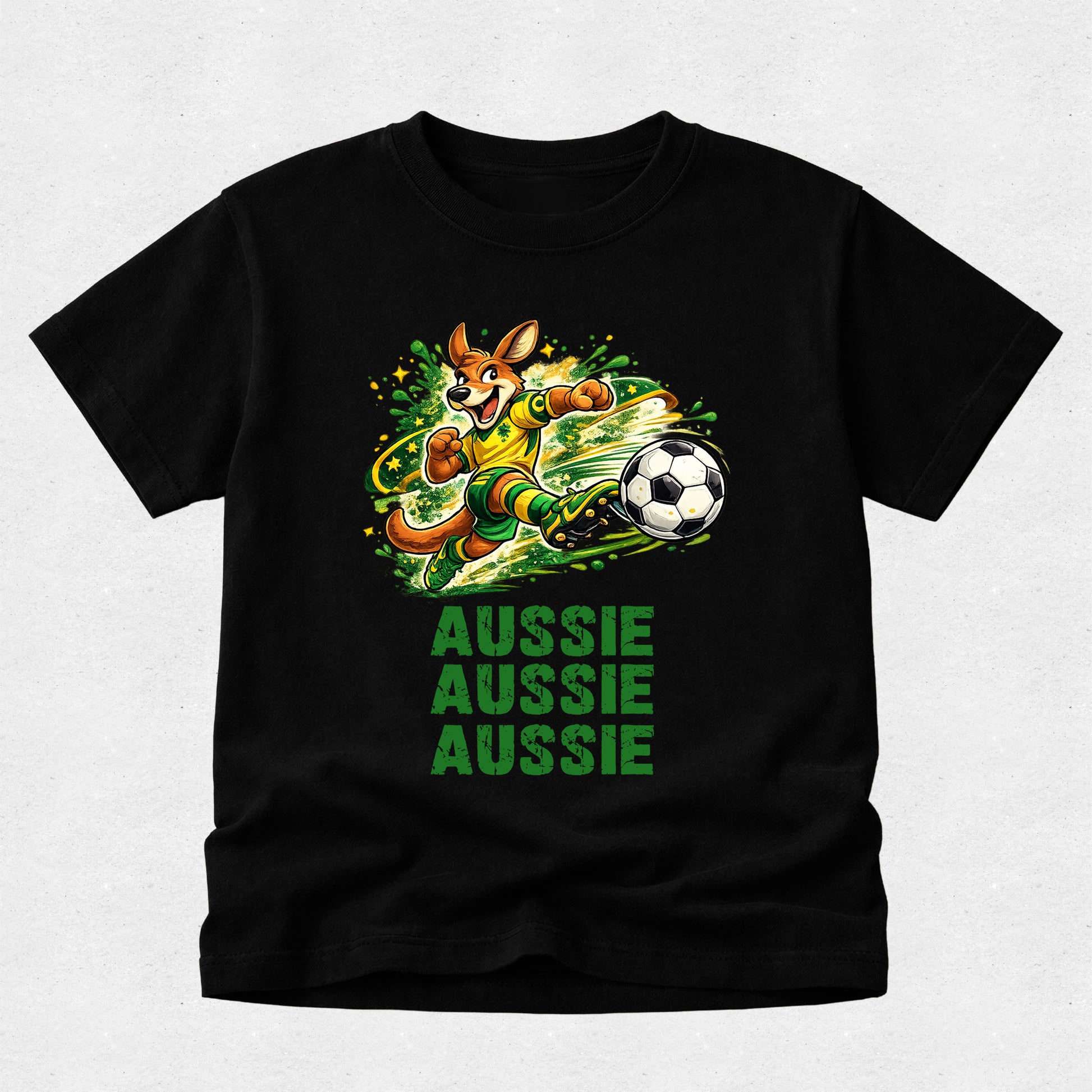Black t-shirt with kangaroo and soccer ball graphic and 'Aussie Aussie Aussie' text on a light gray background