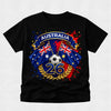 Black t-shirt with Australia-themed design featuring flags and a soccer ball on a light gray background