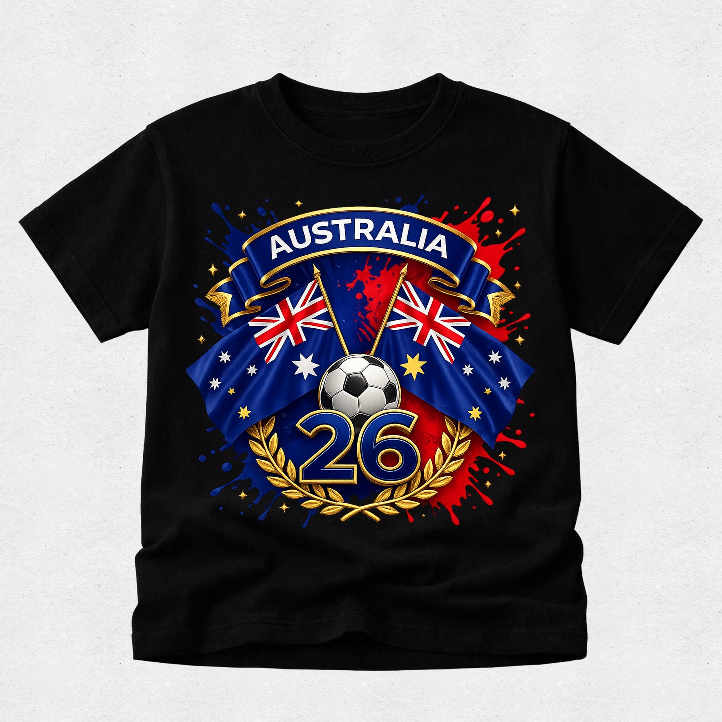 Black t-shirt with Australia-themed design featuring flags and a soccer ball on a light gray background
