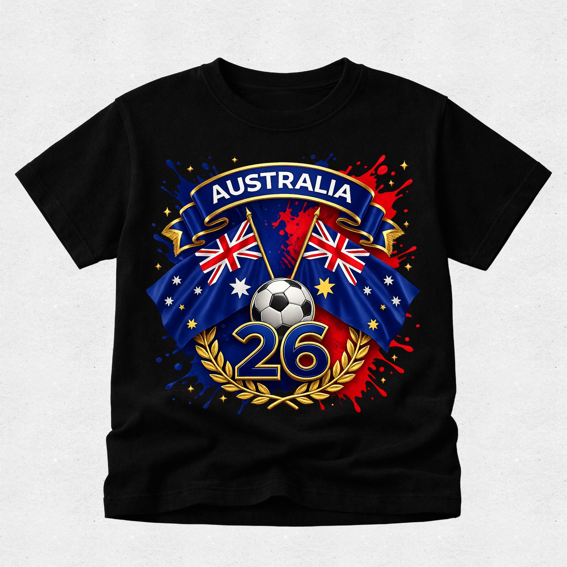 Black t-shirt with Australia-themed design featuring flags and a soccer ball on a light gray background