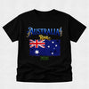 Black t-shirt with Australia-themed design featuring a flag and text on a light gray background