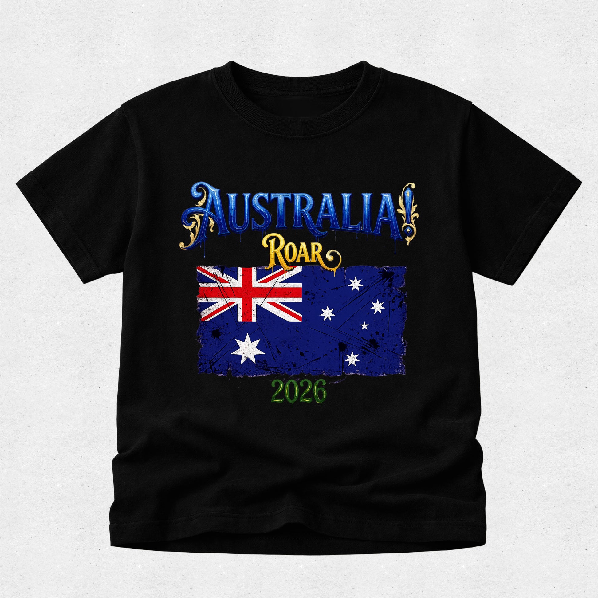 Black t-shirt with Australia-themed design featuring a flag and text on a light gray background