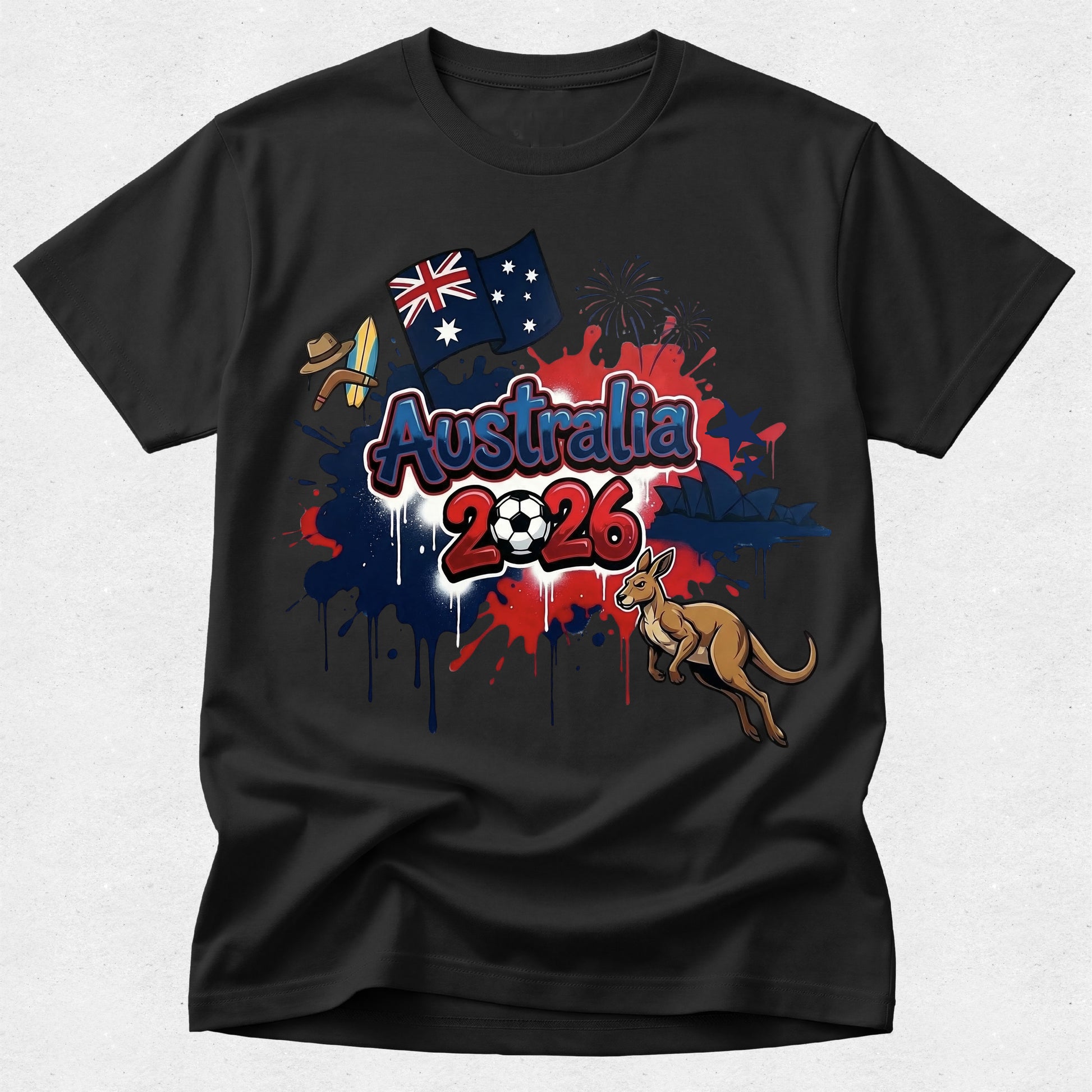 Black t-shirt with Australia 2026 design featuring a kangaroo, soccer ball, and Australian flag.