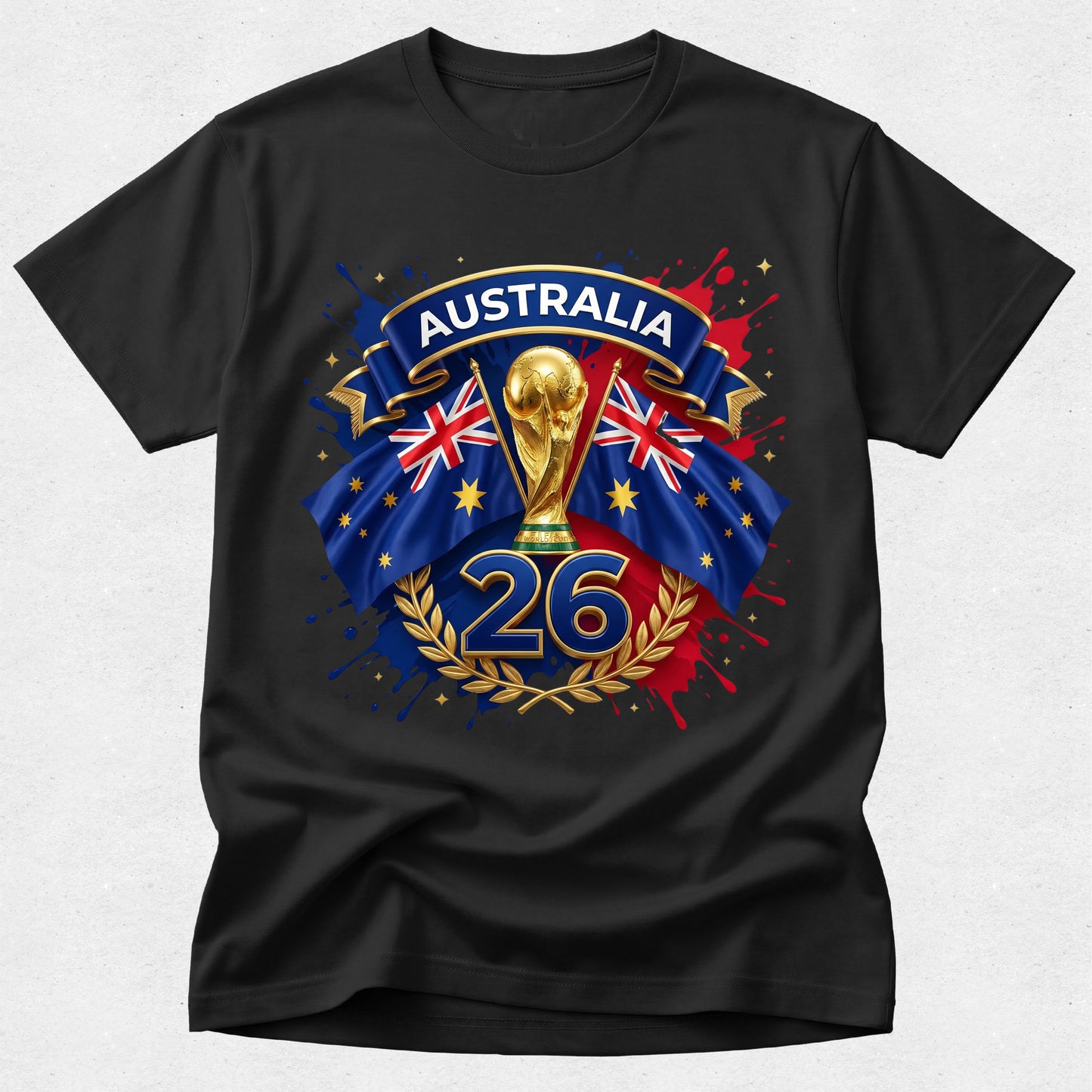 Black t-shirt with Australia World Cup design featuring flags and number 26 on a white background