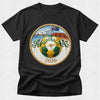 Black t-shirt with a soccer ball design featuring Australia and the year 2026 on a white background.