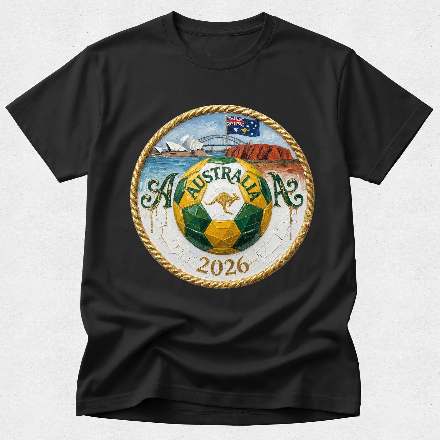Black t-shirt with a soccer ball design featuring Australia and the year 2026 on a white background.