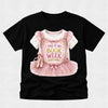 A black short-sleeve t-shirt with a graphic of a pink ballet costume and the text 'THIS IS MY BOOK WEEK COSTUME!' printed on the front, displayed against a light gray background.