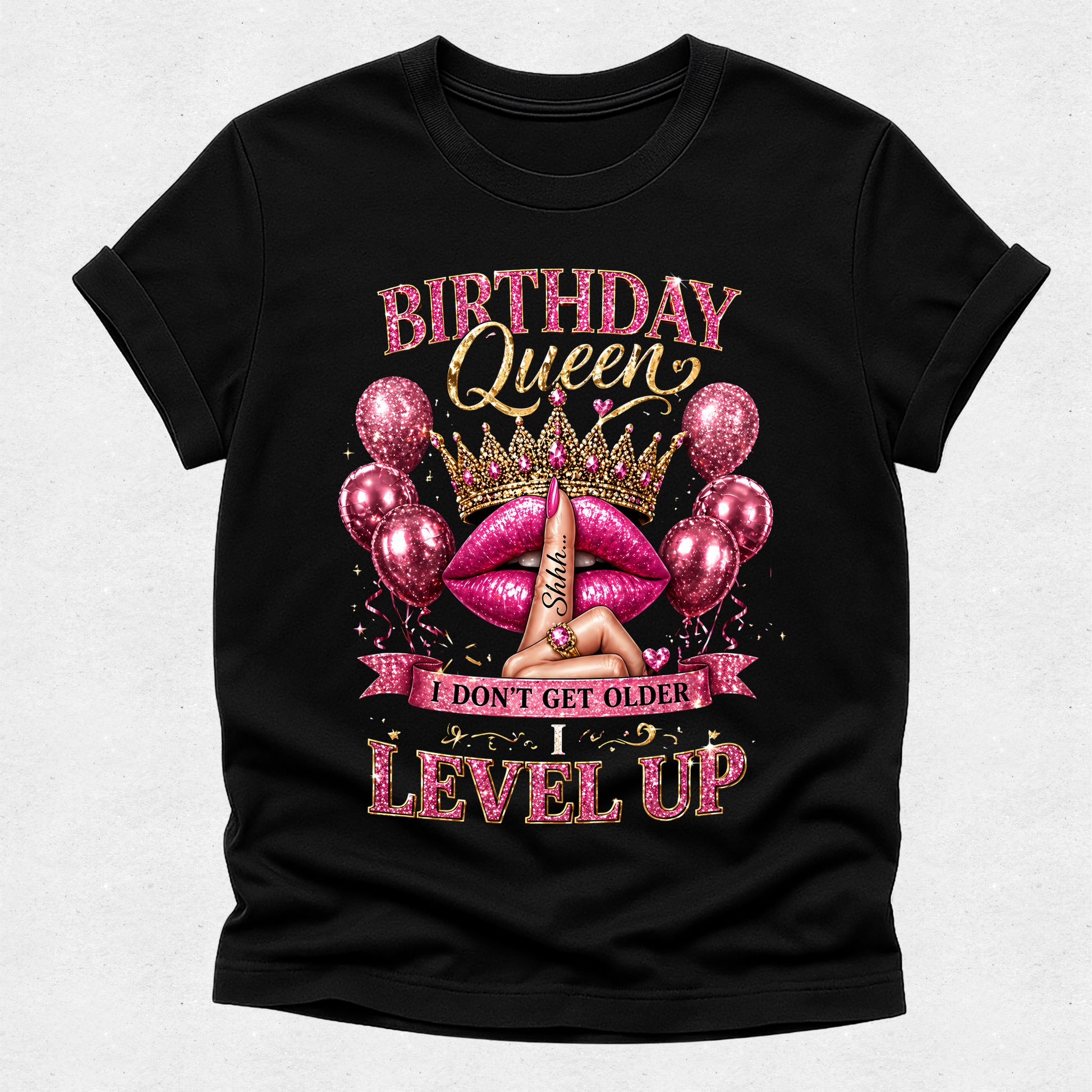 Black t-shirt with 'Birthday Queen' graphic design featuring balloons, a crown, and text on a light gray background.