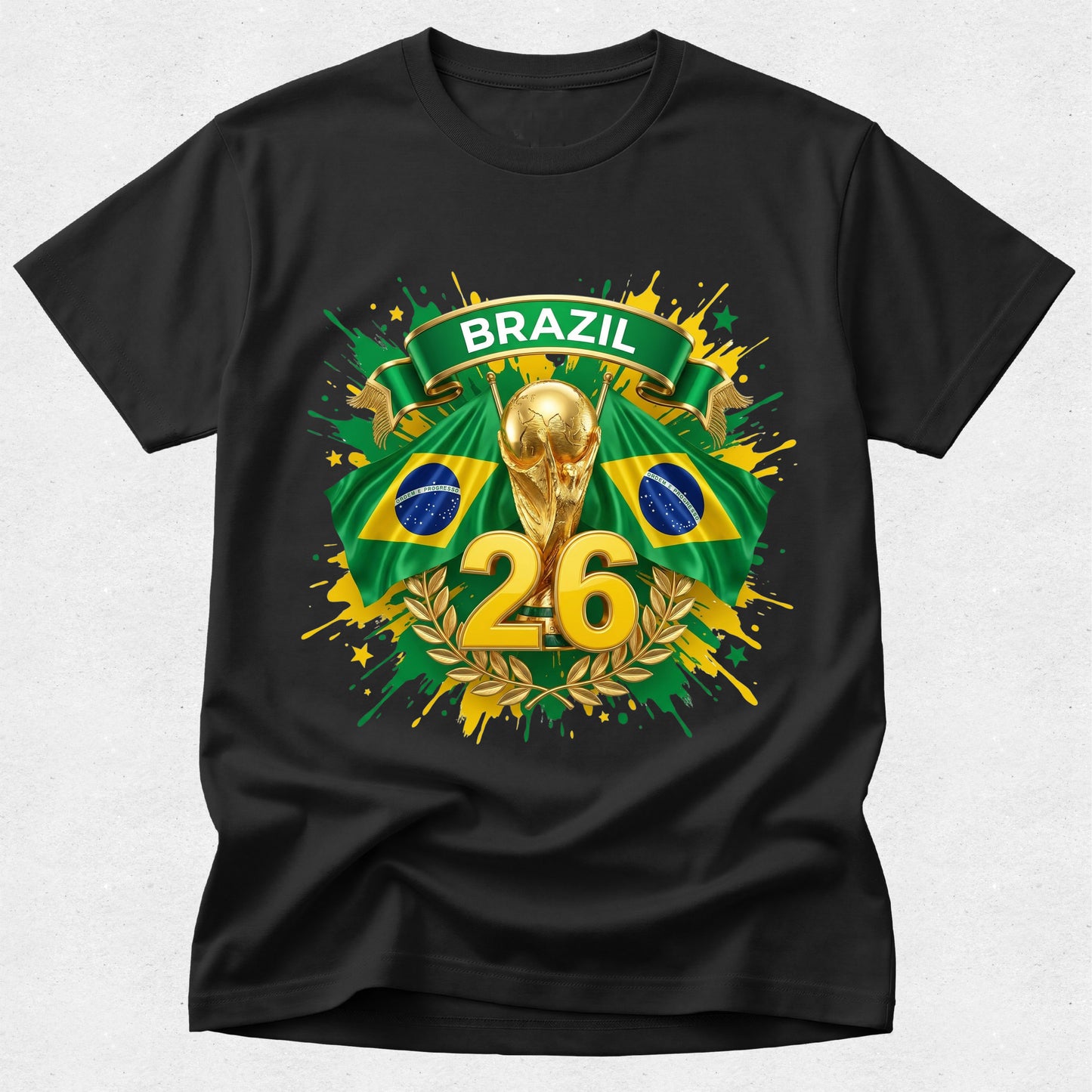 Black t-shirt with Brazil-themed design featuring a gold trophy and number 26 on a white background