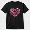 black breast cancer awareness T-shirt with a heart design made of pink ribbons, flowers and hearts.