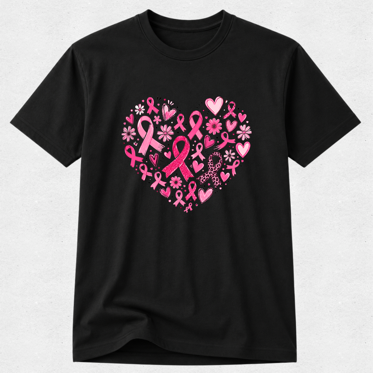 black breast cancer awareness T-shirt with a heart design made of pink ribbons, flowers and hearts.
