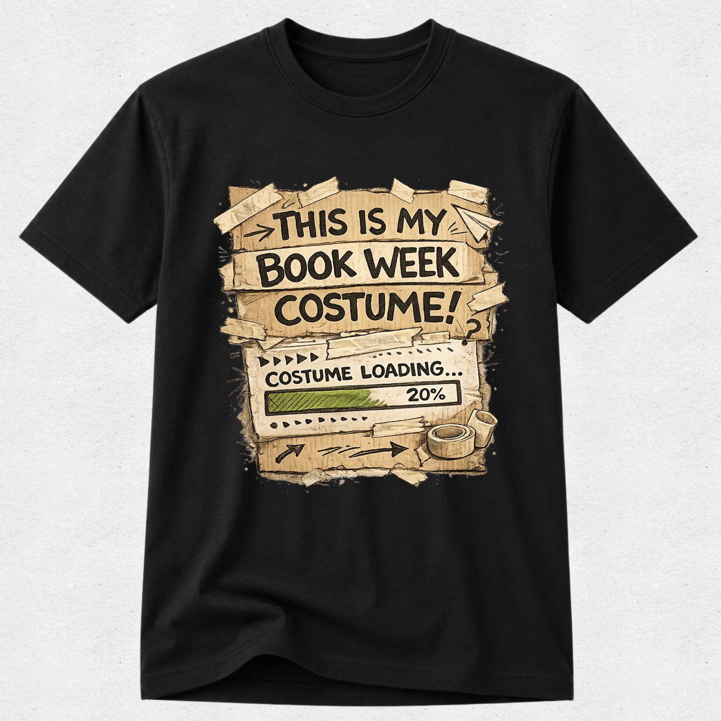 A black short-sleeve crewneck t-shirt featuring a graphic print of a rustic book-themed progress bar with the text 'THIS IS MY BOOK WEEK COSTUME!' and 'COSTUME LOADING.