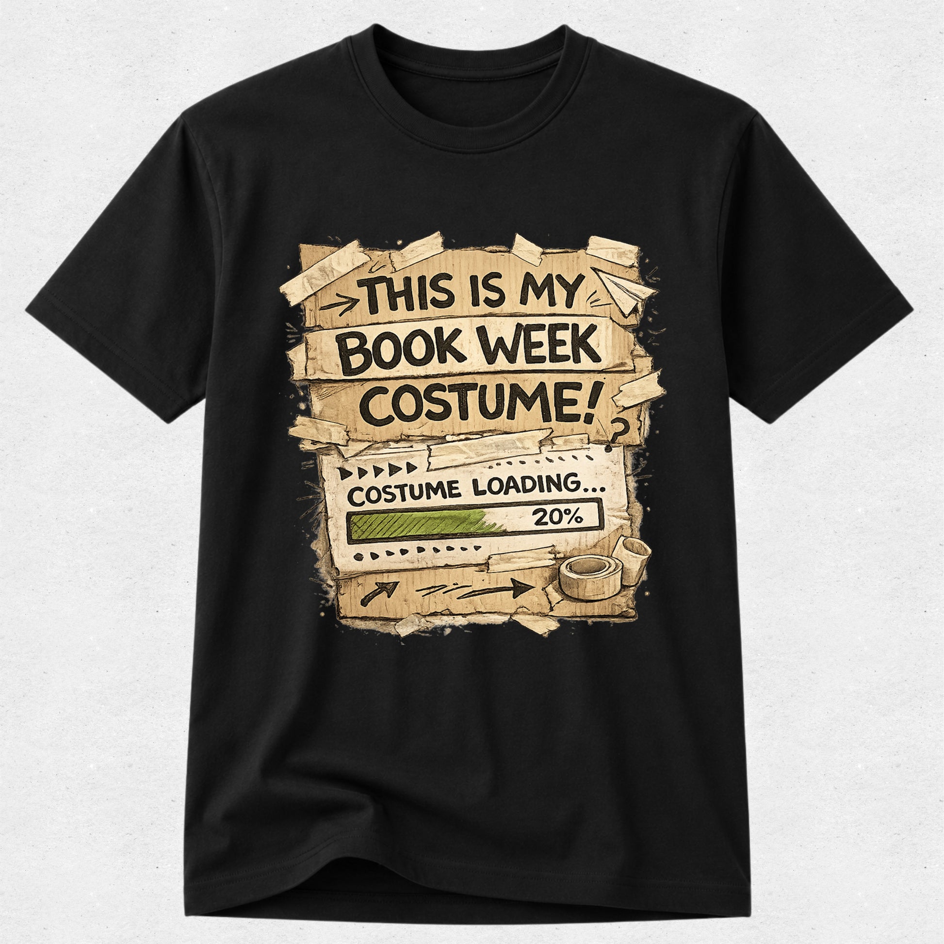 A black short-sleeve crewneck t-shirt featuring a graphic print of a rustic book-themed progress bar with the text 'THIS IS MY BOOK WEEK COSTUME!' and 'COSTUME LOADING.