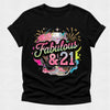 Black t-shirt with colorful 'Fabulous & 21' design on a light gray background