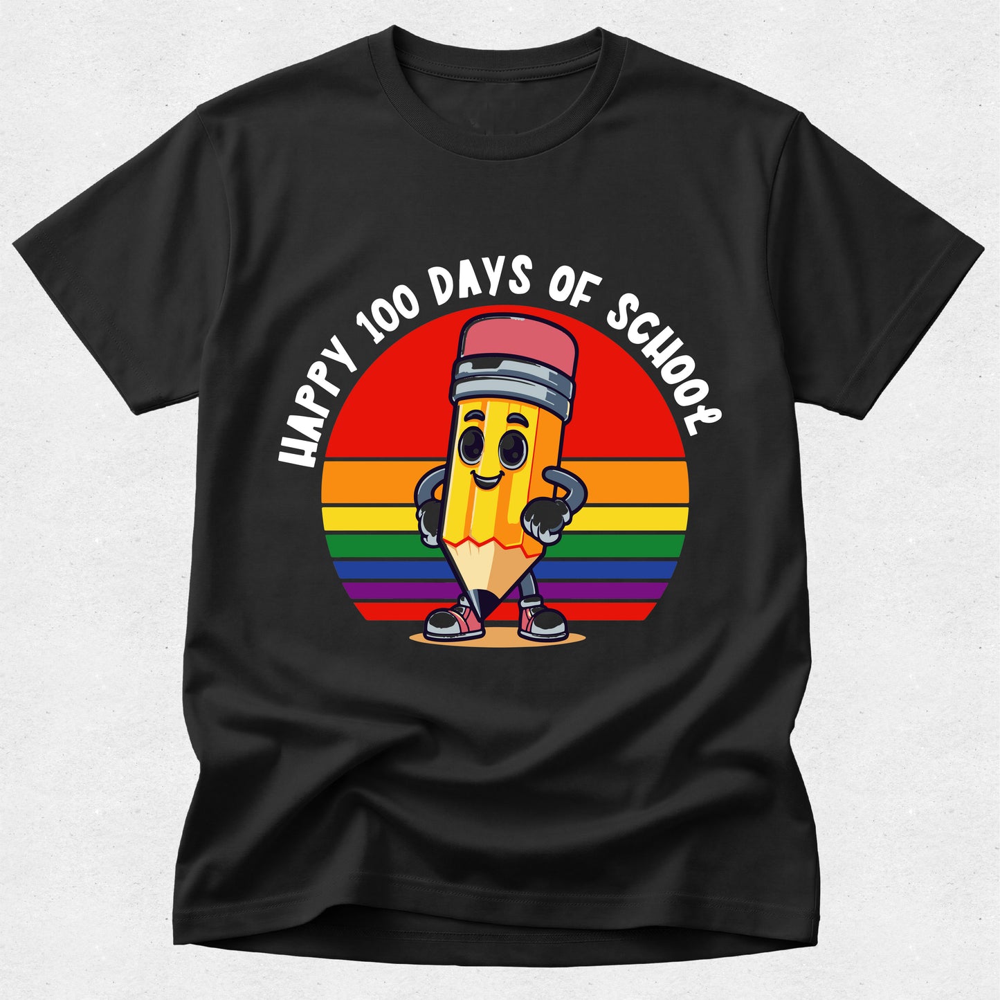 Black t-shirt with a colorful pencil graphic and 'Happy 100 Days of School' text on a light gray background