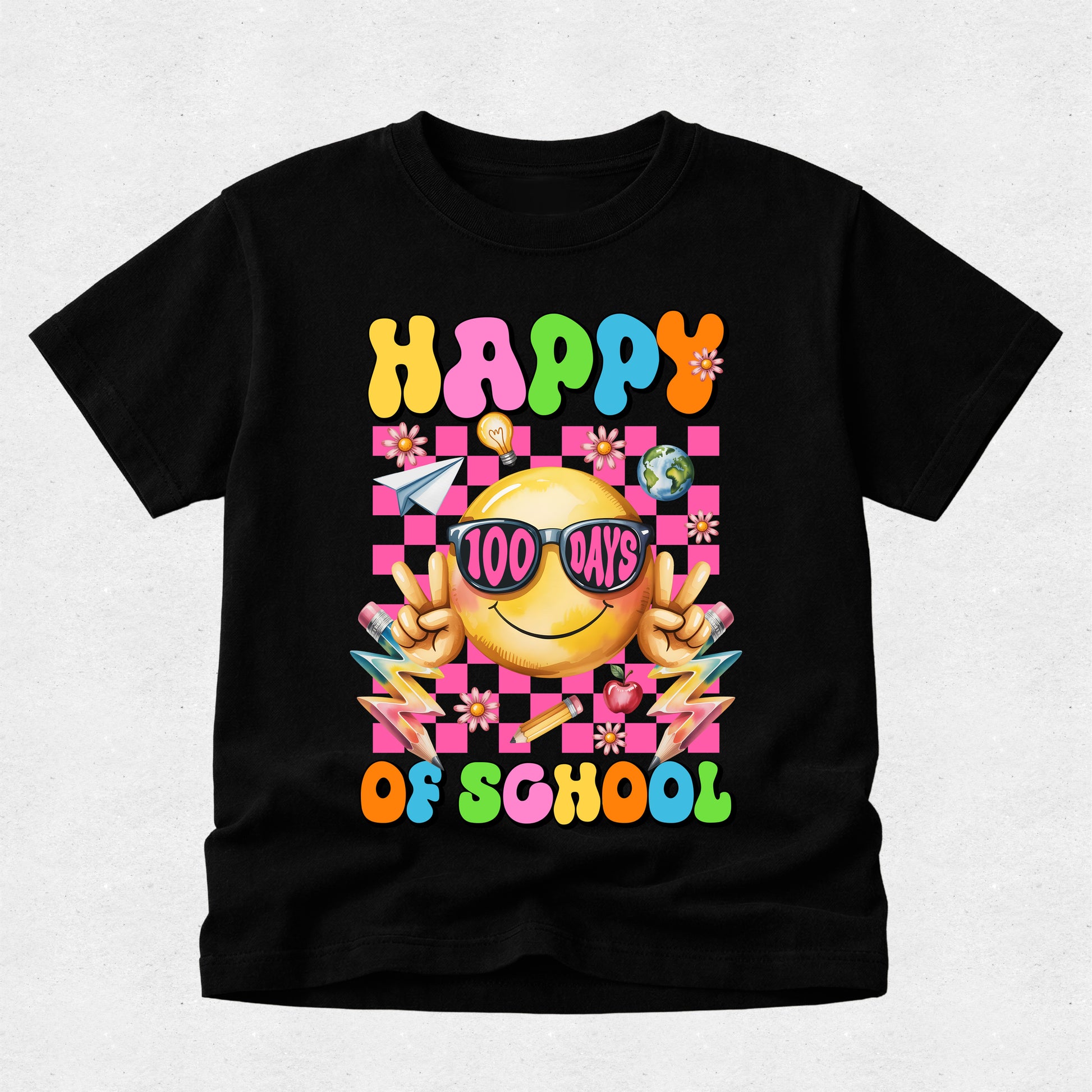 A black short-sleeve t-shirt with a colorful retro graphic that reads 'HAPPY 100 DAYS OF SCHOOL' featuring a smiling yellow face, pink checkerboard pattern, and school-themed icons like pencils, flowers, and lightning bolts.