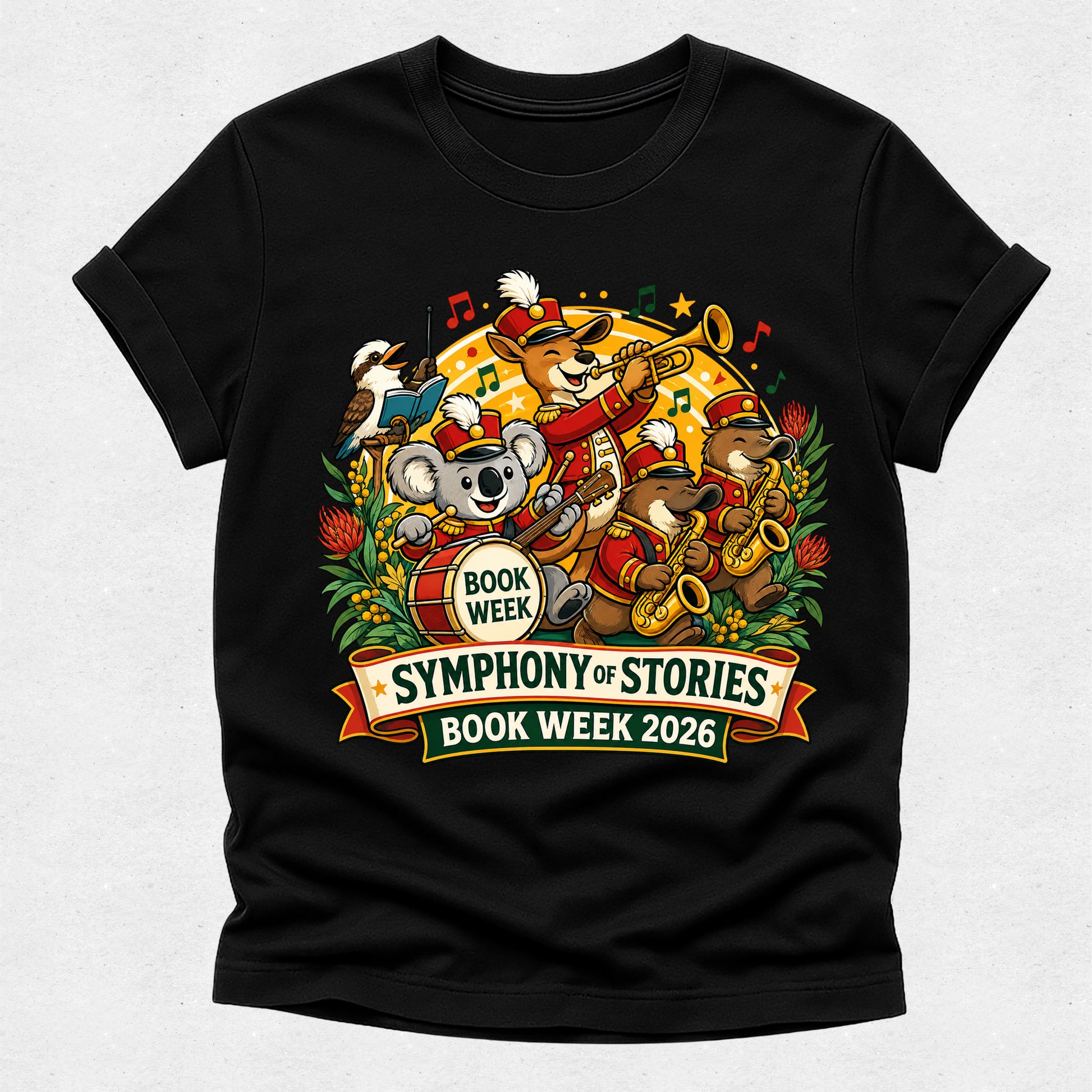 Black t-shirt with a colorful design featuring animals playing instruments and 'Symphony of Stories Book Week 2026' text on a light gray background.