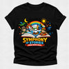 Black t-shirt with colorful 'Symphony of Stories' design on a white background