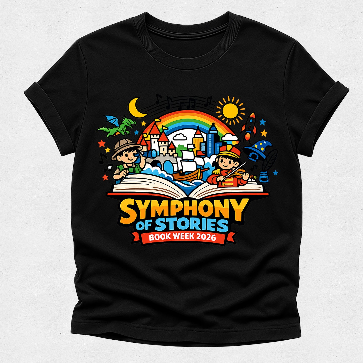 Black t-shirt with colorful 'Symphony of Stories' design on a white background