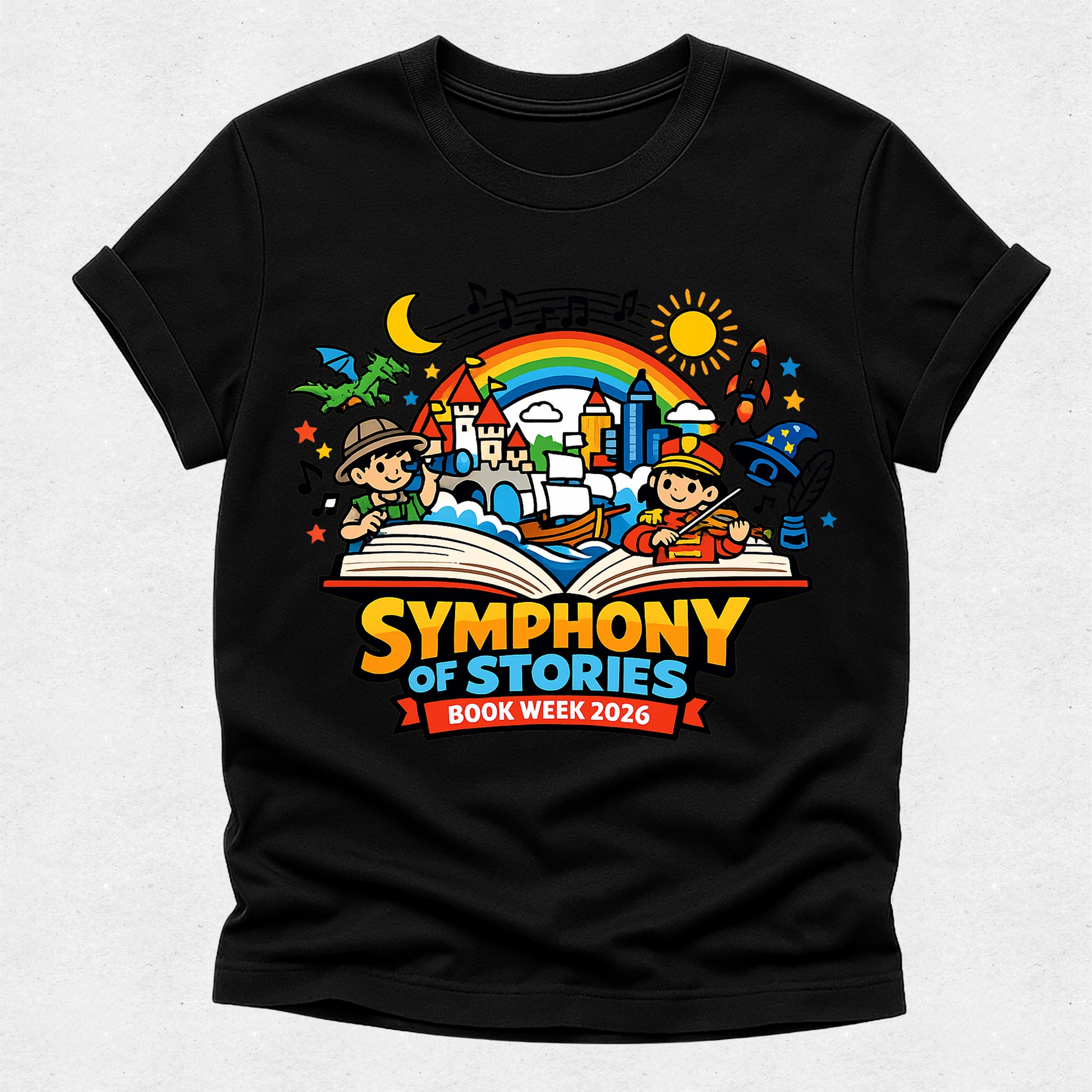 Black t-shirt with colorful 'Symphony of Stories' design on a white background