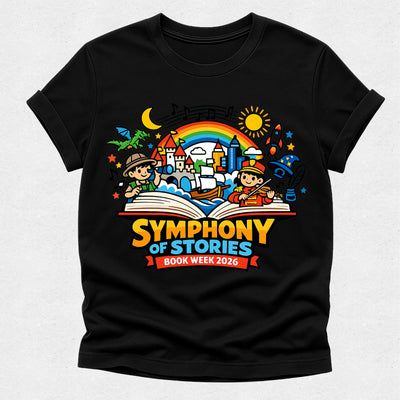 Black t-shirt with colorful 'Symphony of Stories' design on a white background