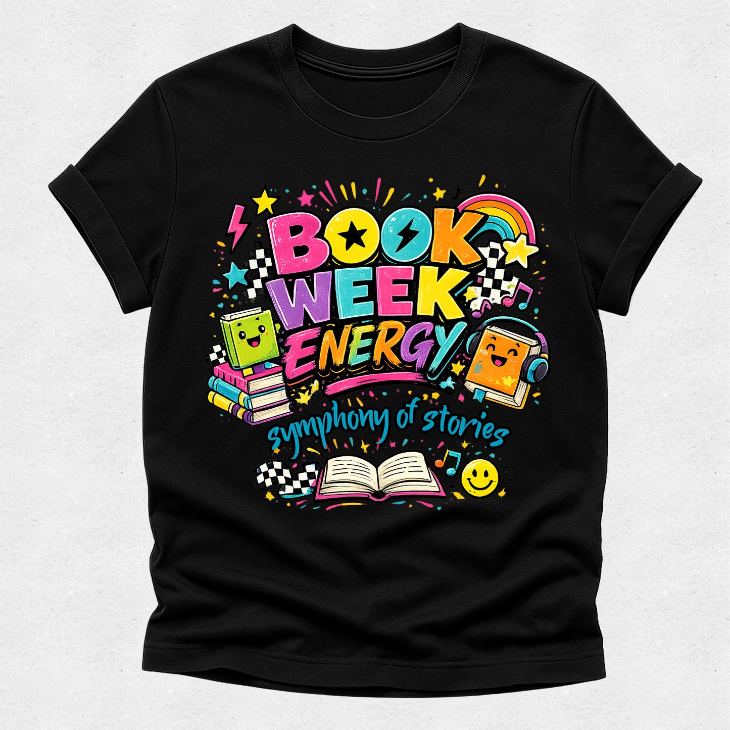 Black t-shirt with colorful 'Book Week Energy' design on a white background