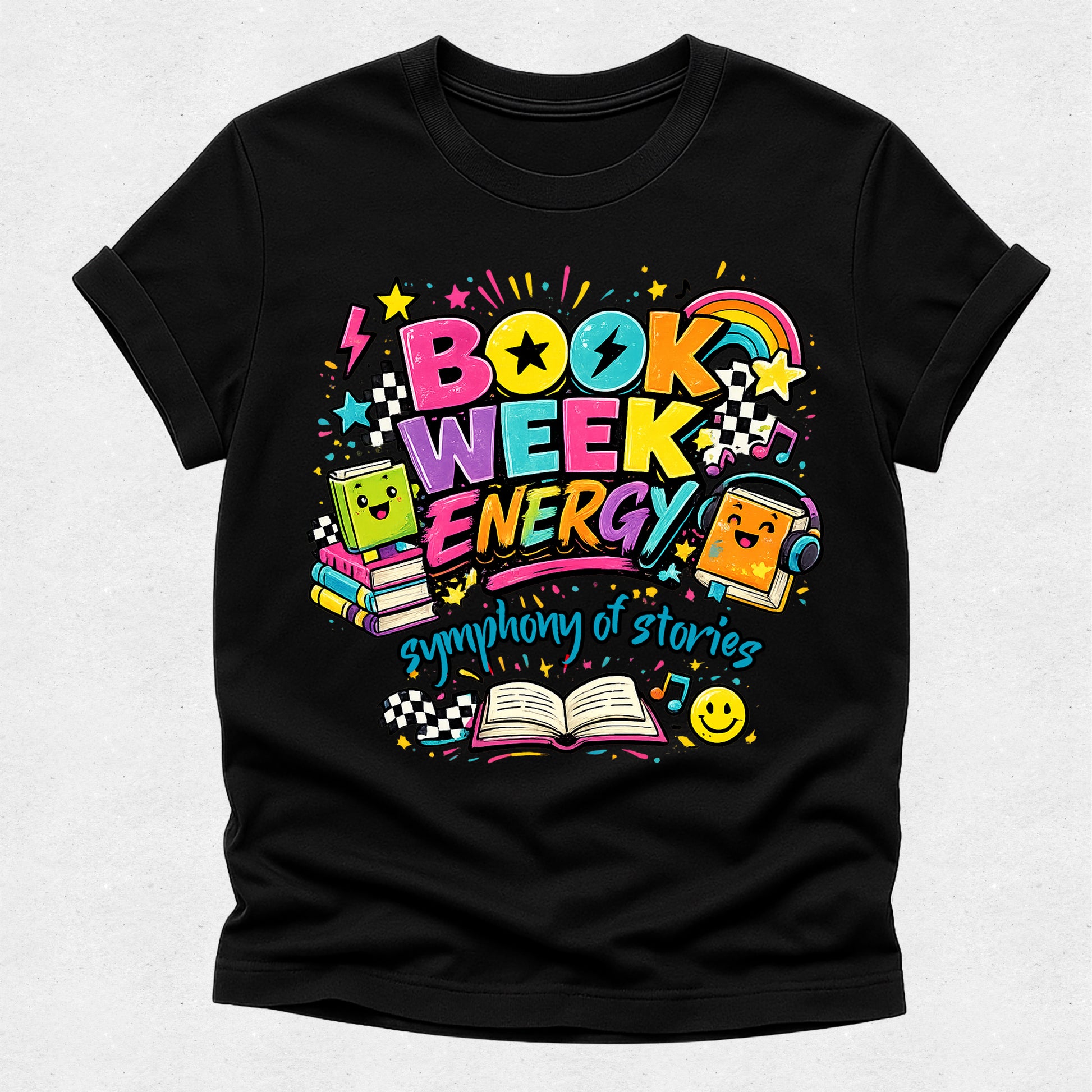 Black t-shirt with colorful 'Book Week Energy' design on a white background