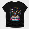 Black t-shirt with 'Symphony of Stories' design on a light gray background