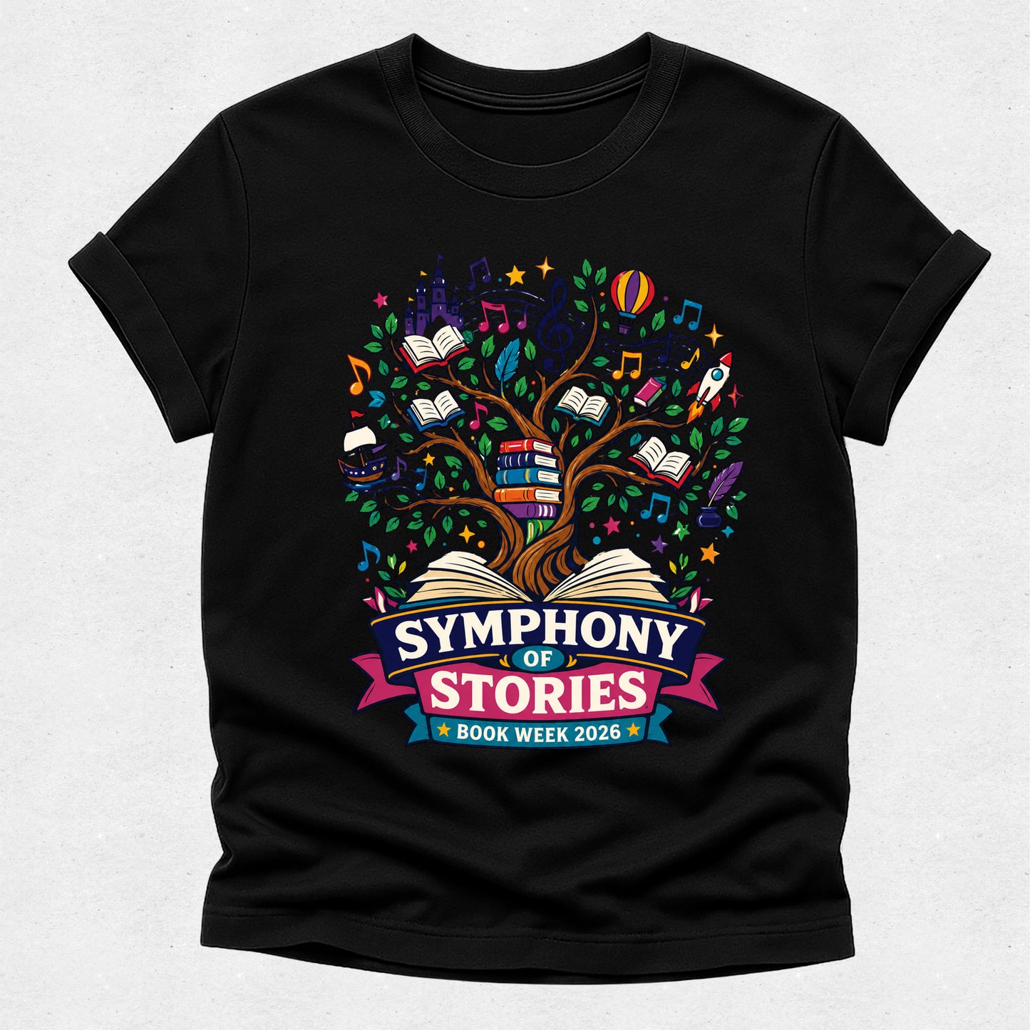 Black t-shirt with 'Symphony of Stories' design on a light gray background