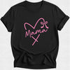 Black t-shirt with pink 'Mama' design on a white background
