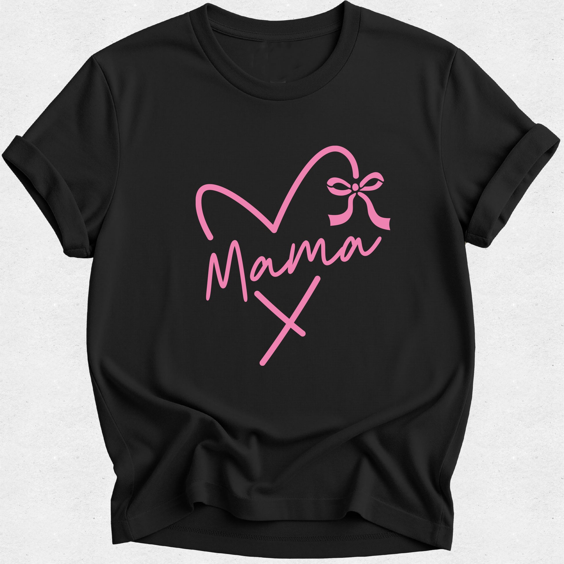 Black t-shirt with pink 'Mama' design on a white background