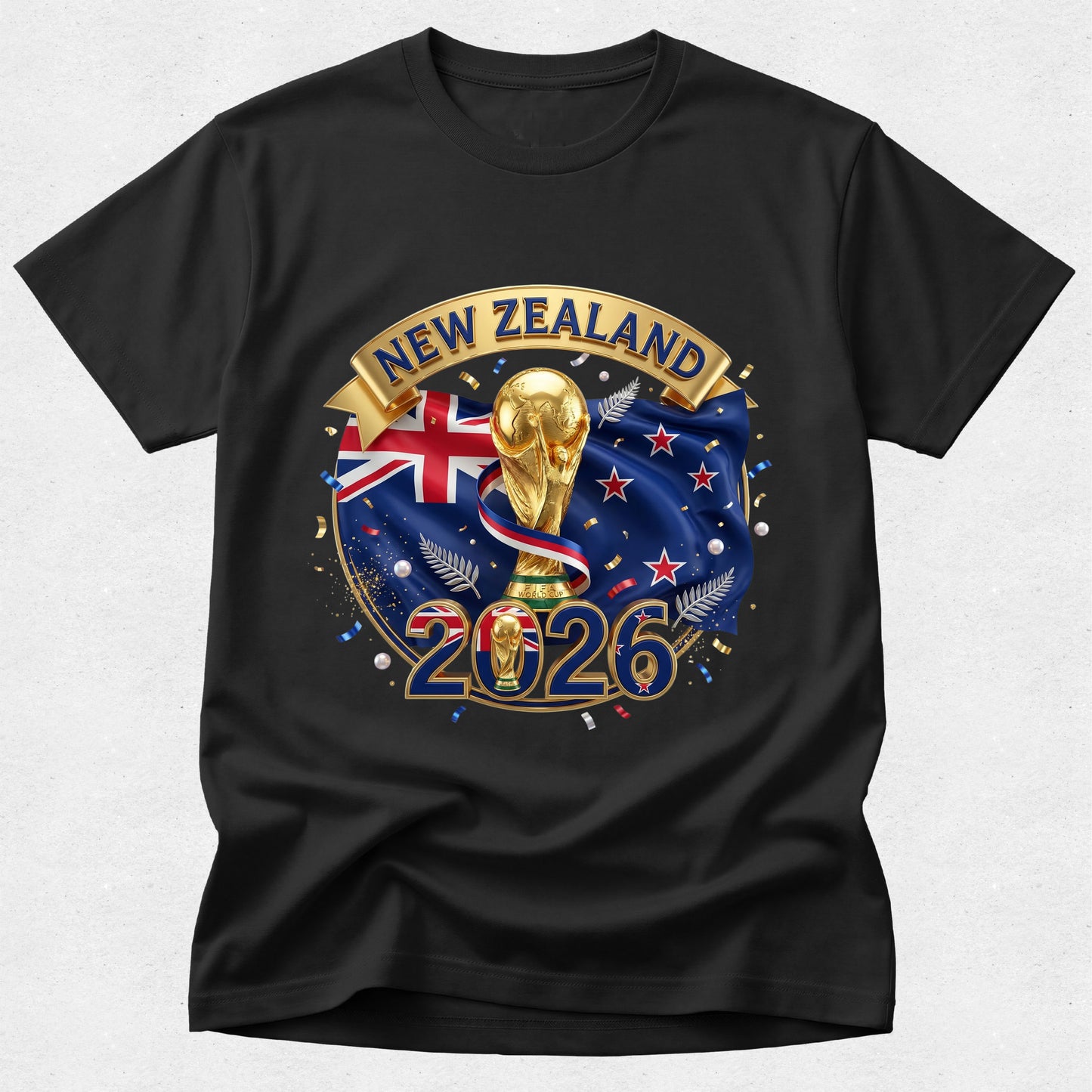 Black t-shirt with New Zealand 2026 World Cup design featuring a trophy and flags.