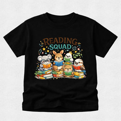 A black short-sleeve t-shirt with a colorful cartoon graphic of five cute animals reading books, with the text 'READING SQUAD' above them, displayed on a light gray background.