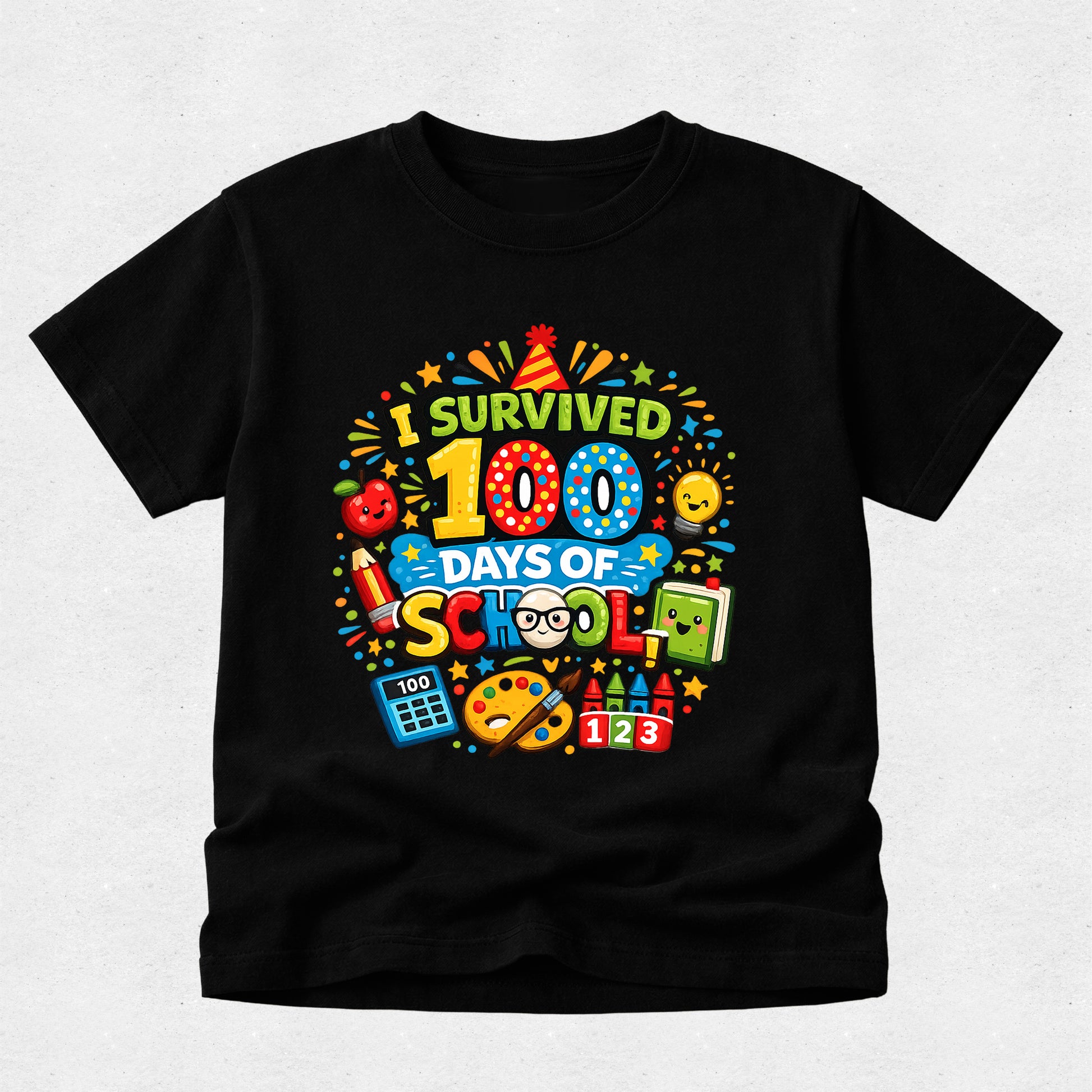 Black t-shirt with colorful 'I Survived 100 Days of School' design on a light gray background