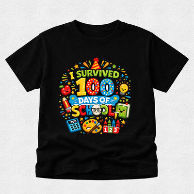 Black t-shirt with colorful 'I Survived 100 Days of School' design on a light gray background