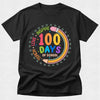 Black t-shirt with colorful '100 Days of School' design on a white background