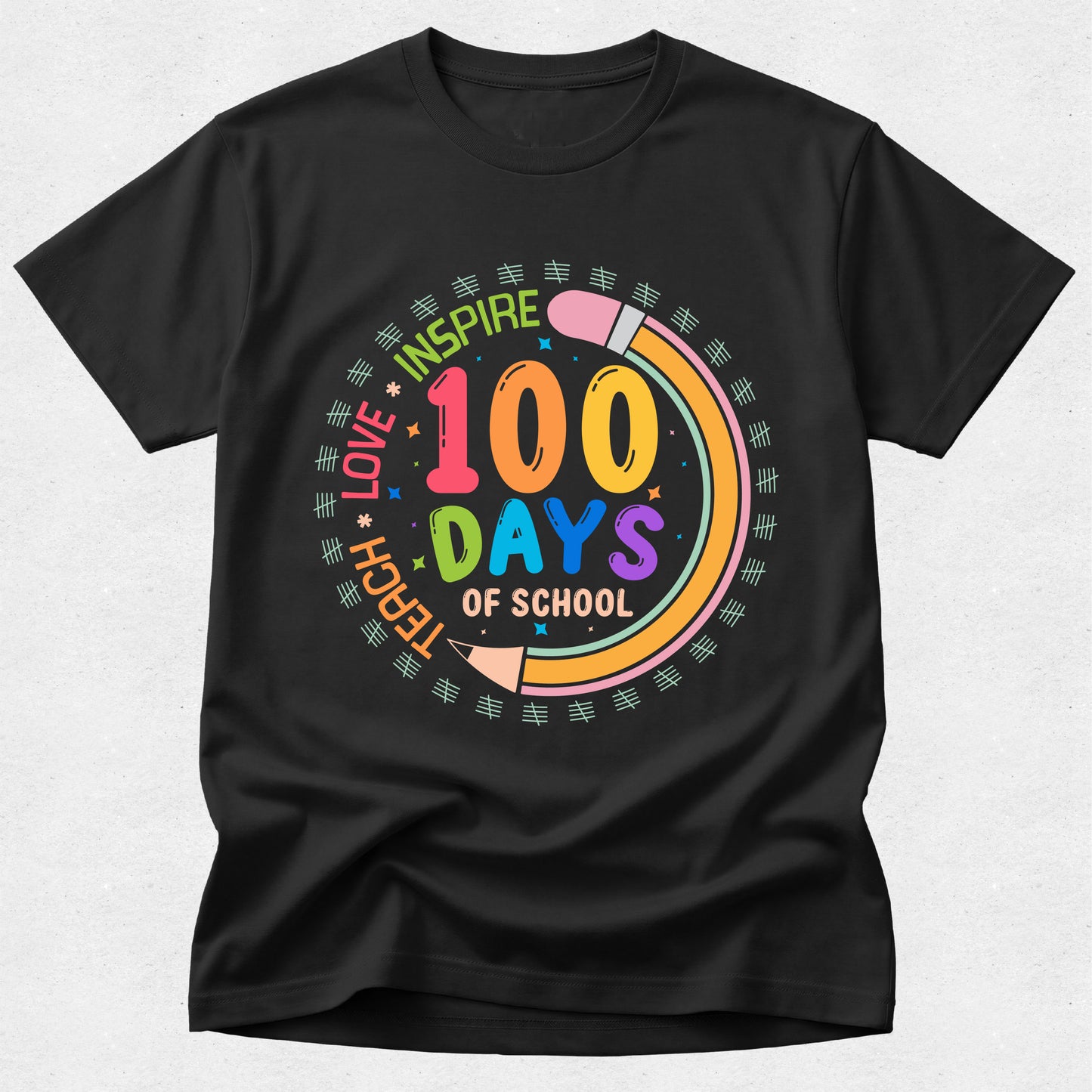 Black t-shirt with colorful '100 Days of School' design on a white background