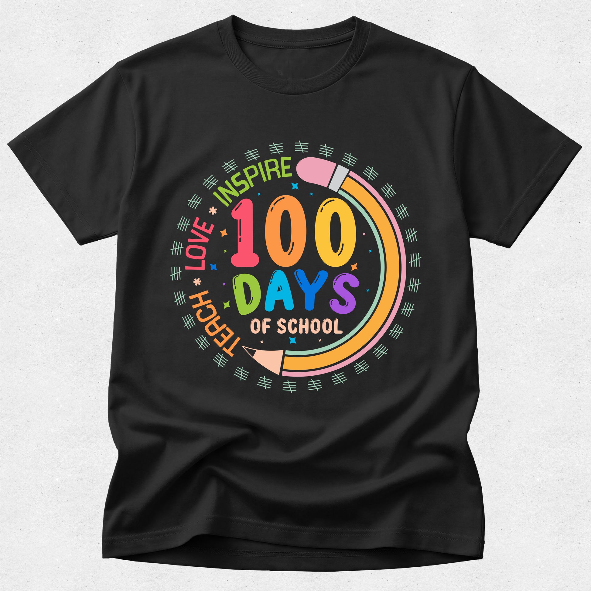 Black t-shirt with colorful '100 Days of School' design on a white background