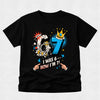 Black personalised 7th birthday t-shirt with comic-style "I Was 6... Now I'm 7!" design for boys.