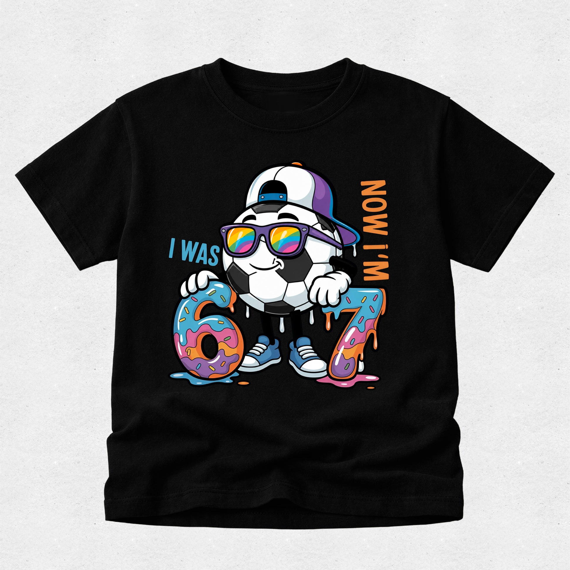 Black boys 7th birthday t-shirt with "I Was 6 Now I'm 7" soccer ball birthday design.