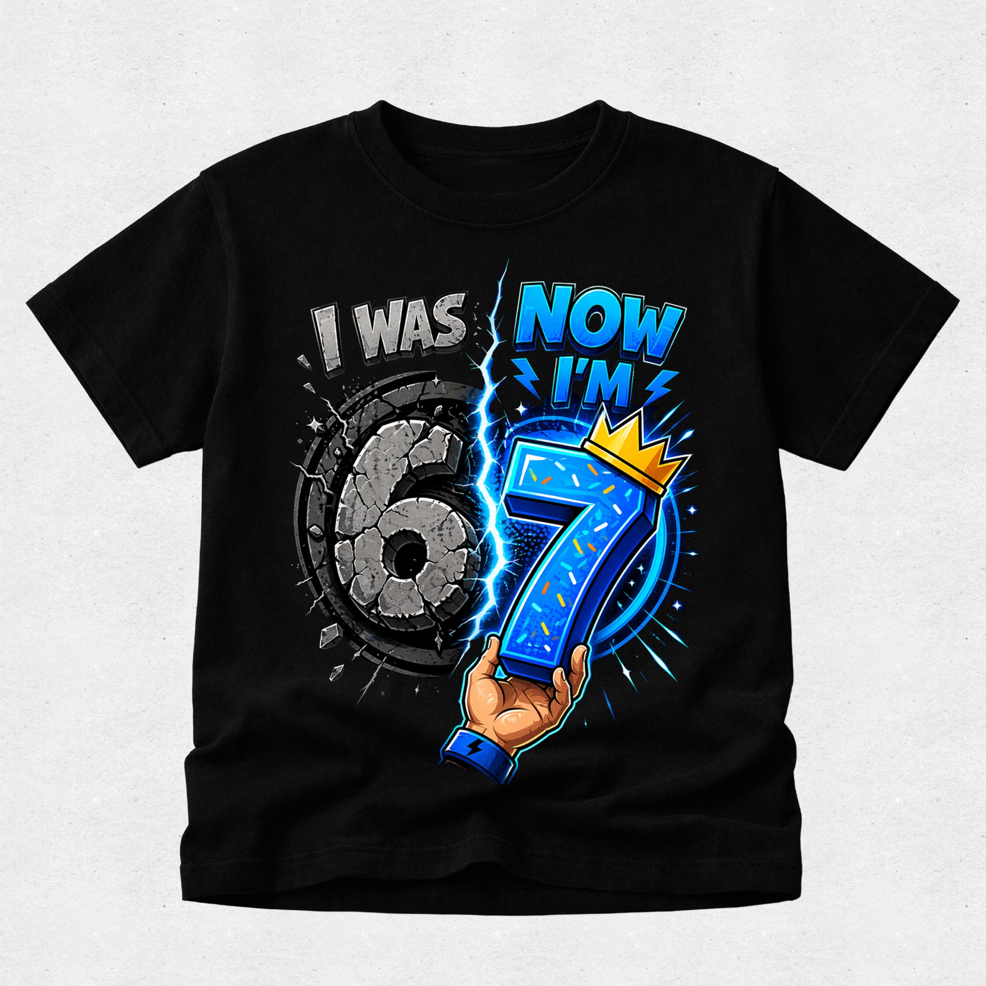 Black t-shirt with a graphic of a hand holding the number 7, celebrating turning 7 years old.