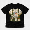 A black short-sleeve crewneck t-shirt featuring a large graphic print of a gardening costume shirt with the text 'THIS IS MY BOOK WEEK COSTUME!' and various gardening-themed illustrations.
