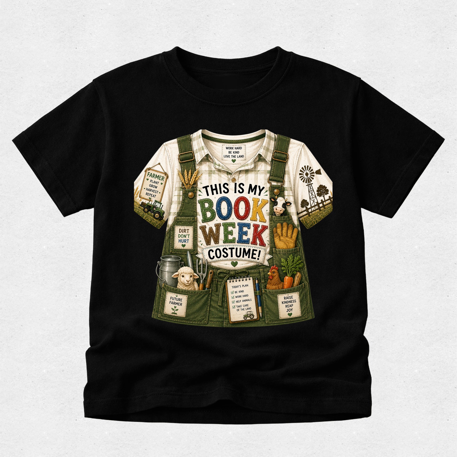 A black short-sleeve crewneck t-shirt featuring a large graphic print of a gardening costume shirt with the text 'THIS IS MY BOOK WEEK COSTUME!' and various gardening-themed illustrations.