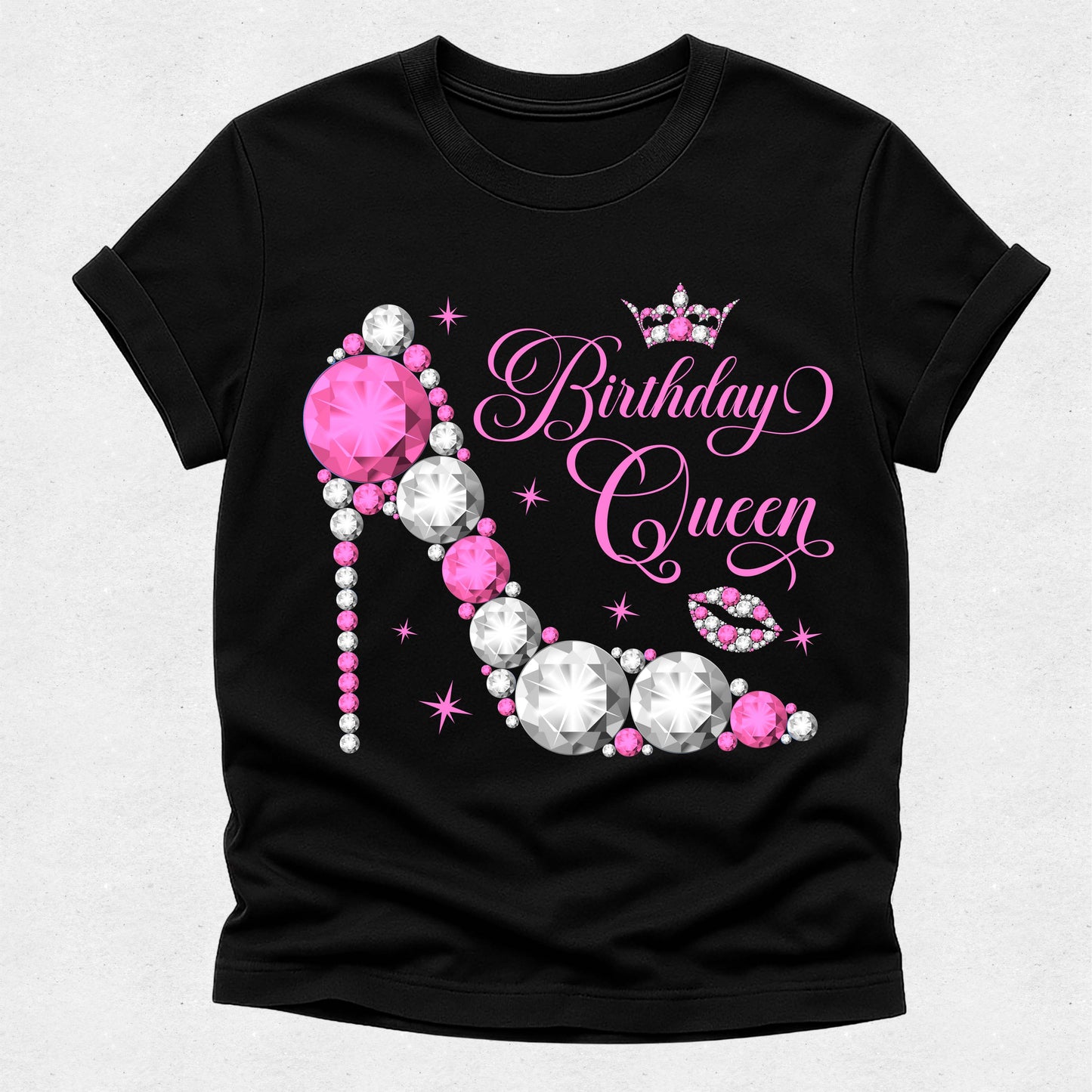 Black t-shirt with a pink high heel shoe design and 'Birthday Queen' text on a light gray background