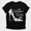 Black t-shirt with 'Birthday Queen' design featuring a high-heeled shoe and crown on a white background