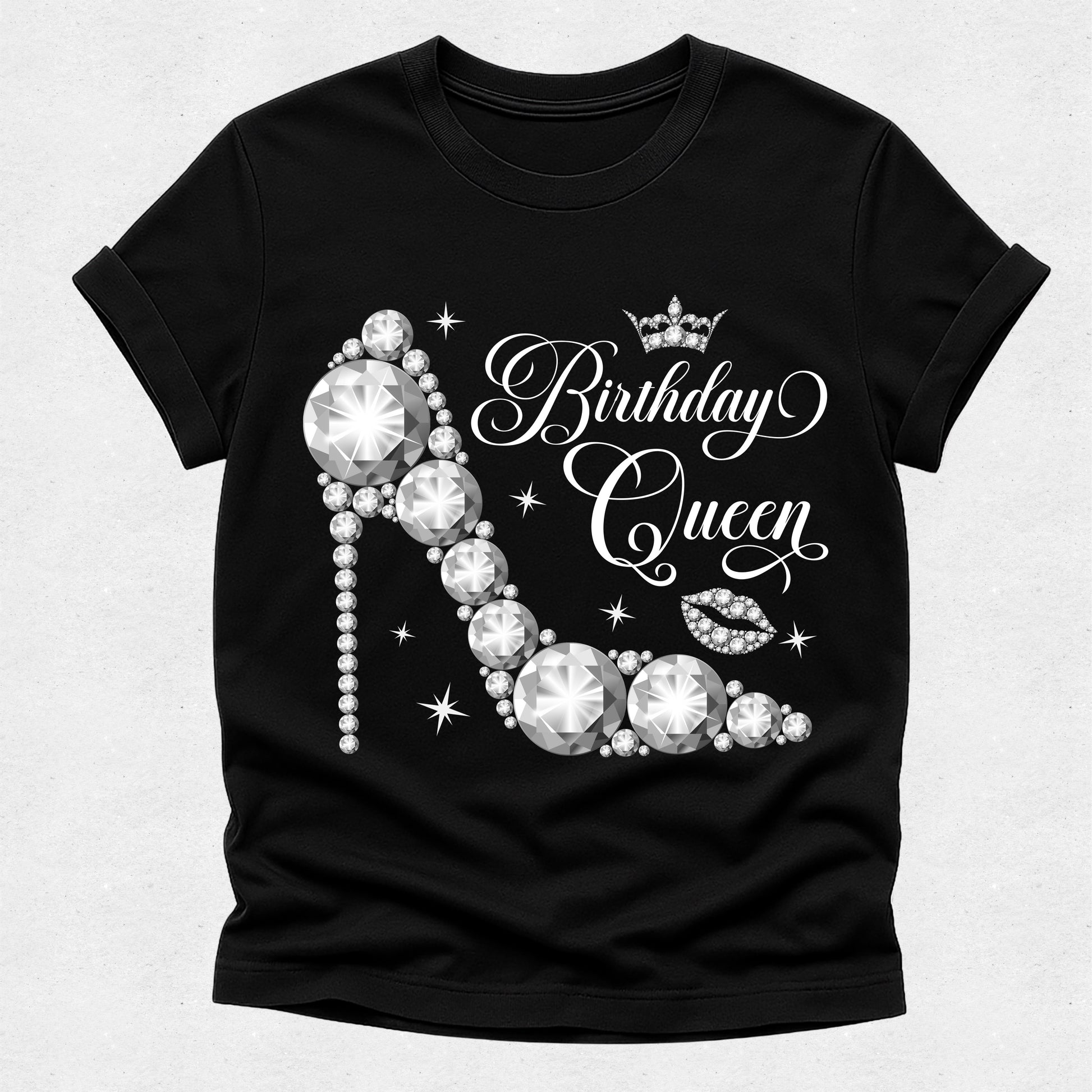 Black t-shirt with 'Birthday Queen' design featuring a high-heeled shoe and crown on a white background