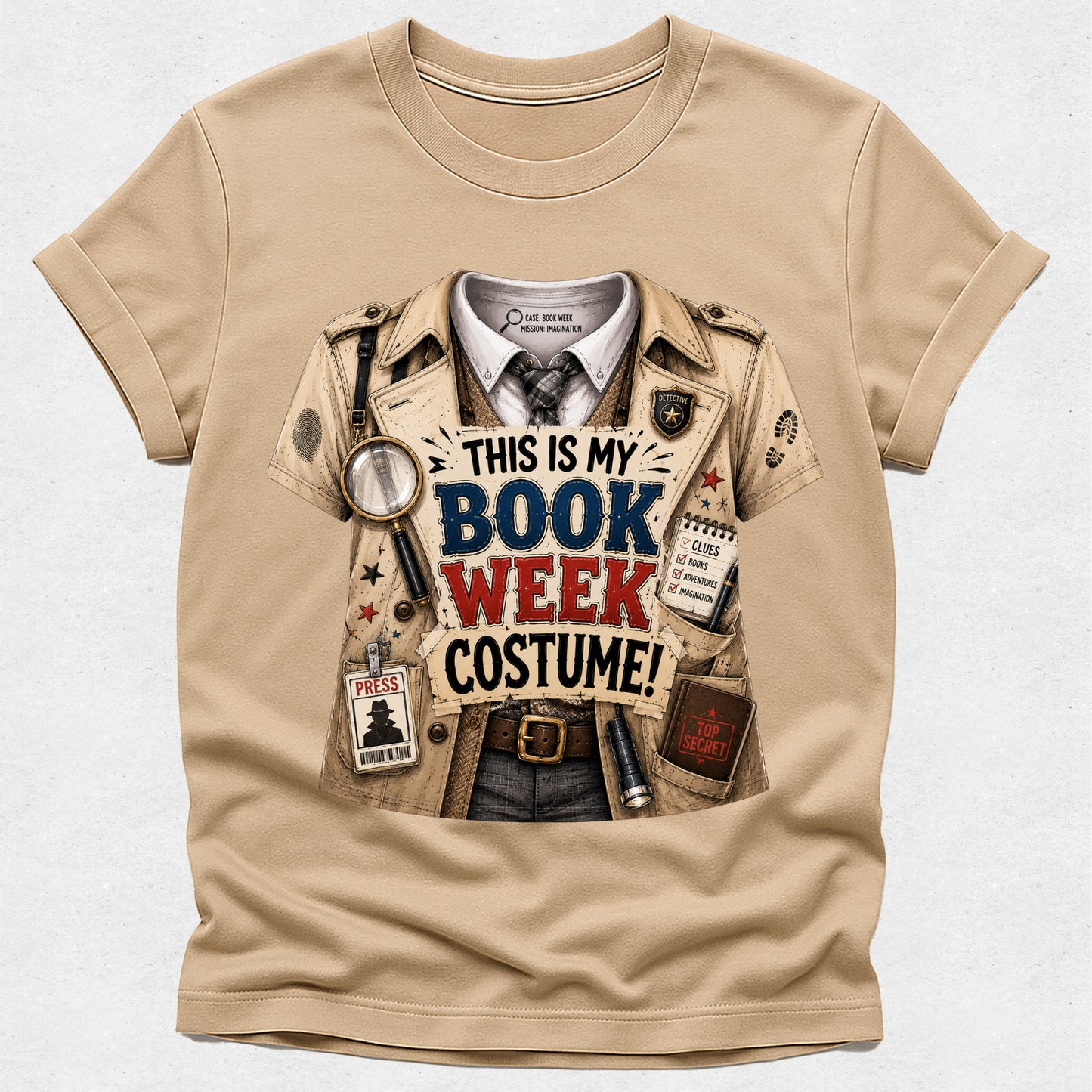A beige short-sleeve crewneck t-shirt featuring a graphic print of a detective book club costume vest with accessories and the text 'THIS IS MY BOOK WEEK COSTUME!'.